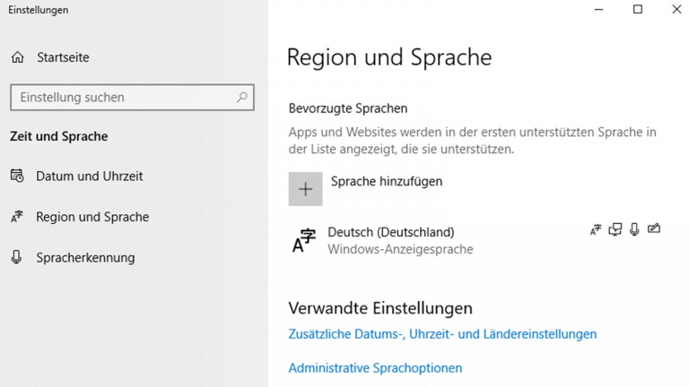 Windows 10 Sprache ändern: Region und Sprache Windows 10 Sprache ändern: Sprache hinzufügen über das Plus-Zeichen