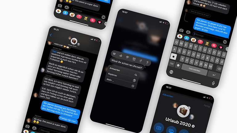 Mehrere Screenshots von iMessage nebeneinander. Sie zeigen die neuen Gruppenbilder, Antworten und mehr.