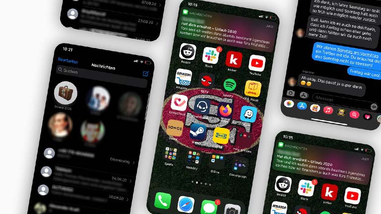 Mehrere Screenshots von iMessage nebeneinander. Sie zeigen Pins, Benachrichtigungen und mehr.
