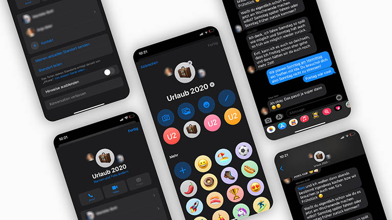 Mehrere Screenshots von iMessage unter iOS 14 nebeneinander. Im Fokus sind die neuen Gruppenbilder.