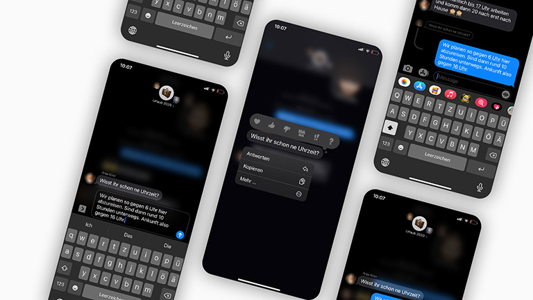 Mehrere Screenshots von iMessage nebeneinander. Im Fokus ist die neue Antwort-Funktion f&uuml;r Gruppen.