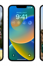 iOS 16 Drei iPhones nebeneinander, auf denen drei unterschiedliche iOS-16-Sperrbildschirme zu sehen sind.