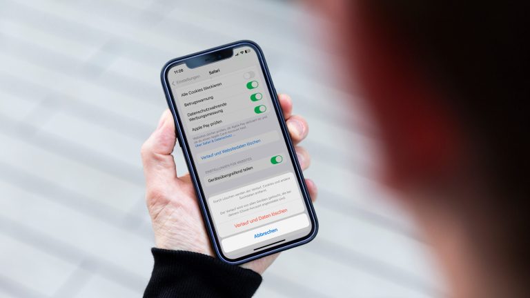 Eine Person h&auml;lt ein iPhone in den H&auml;nden. Darauf sind die Einstellungen zu sehen, in denen sich der Browser-Cache leeren l&auml;sst.